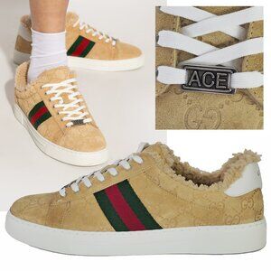 GUCCI SNEAKERS ACE GG LOGO SUEDE SHEARLING WEB STRIPE SHOES sz 39.5 9.5